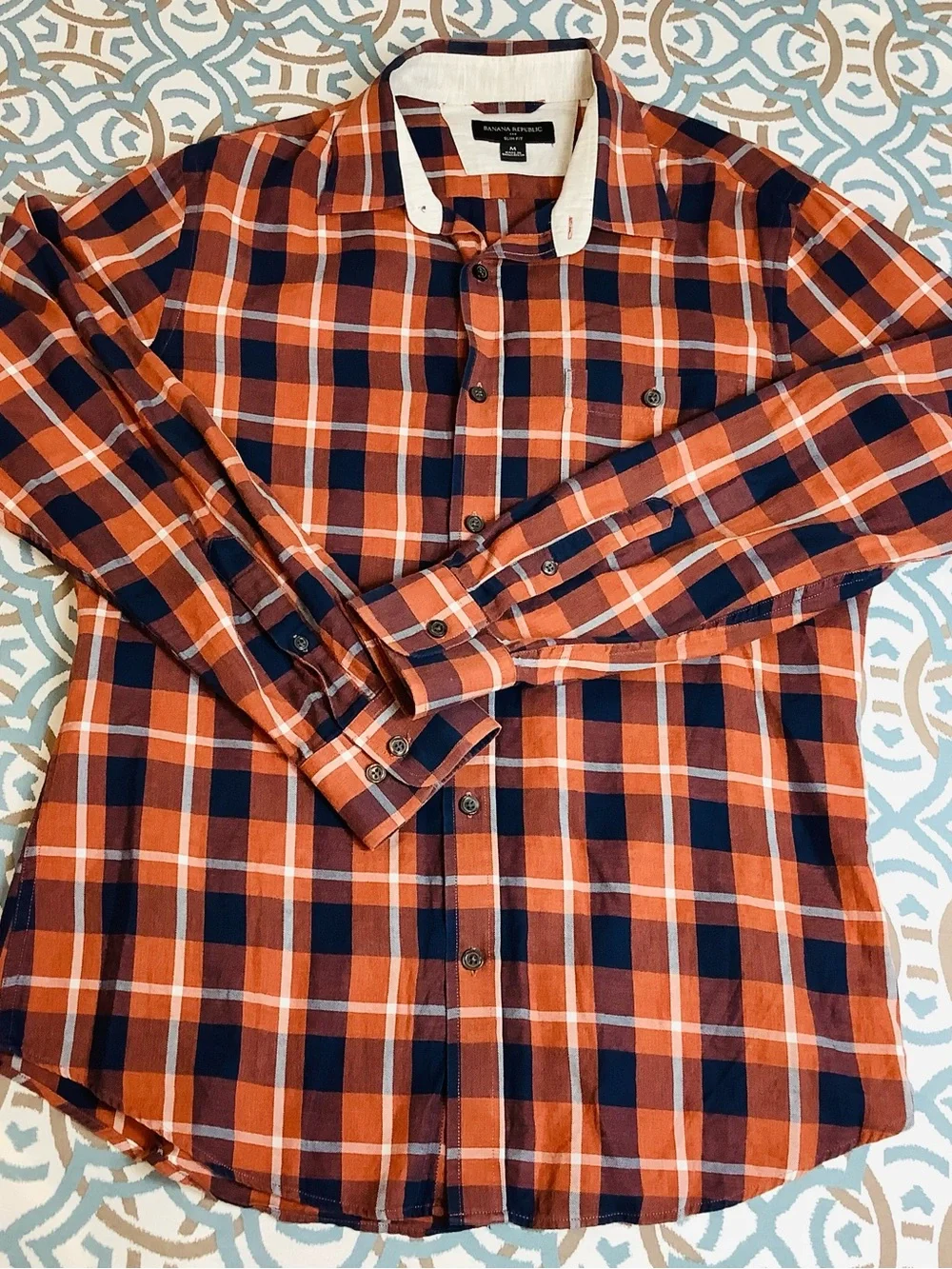 Banana Republic Men’s Orange and Navy Plaid Button-Down Shirt